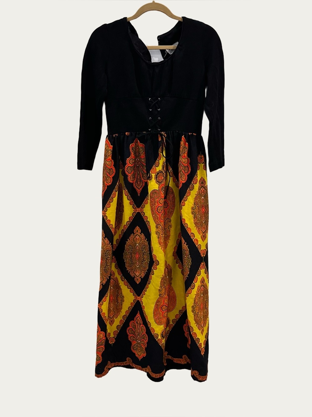 Domino 1970s Vintage lace-up yellow orange, black Paisley Maxi dress